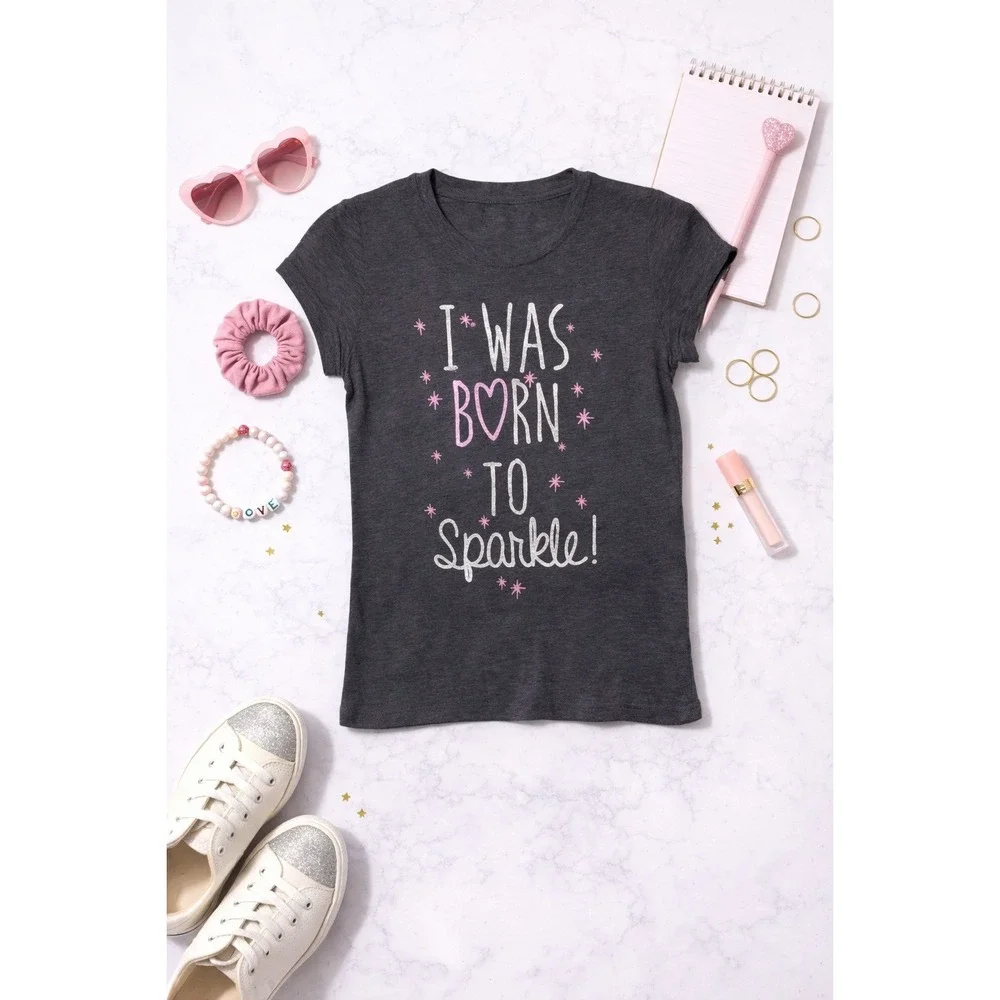 Kids‎ Girls Dark Gray I Was Born to Sparkle T Shirt Size 10 12